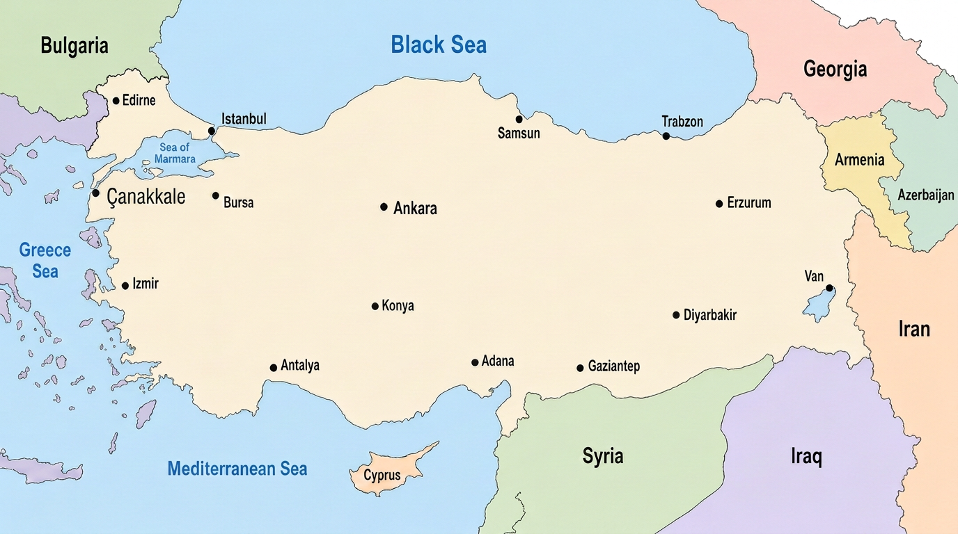 Map of Turkey showing provinces, surrounding seas, islands, and Çanakkale